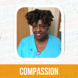 Headshot of Faye Stevenson smiling with the text "compassion" printed underneath her