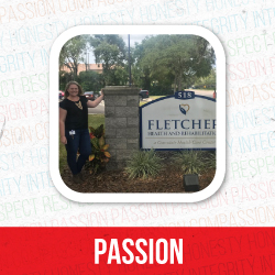 Photo of Jamie Taphorn smiling next to the Fletcher Health and Rehab sign. The word passion is printed below.