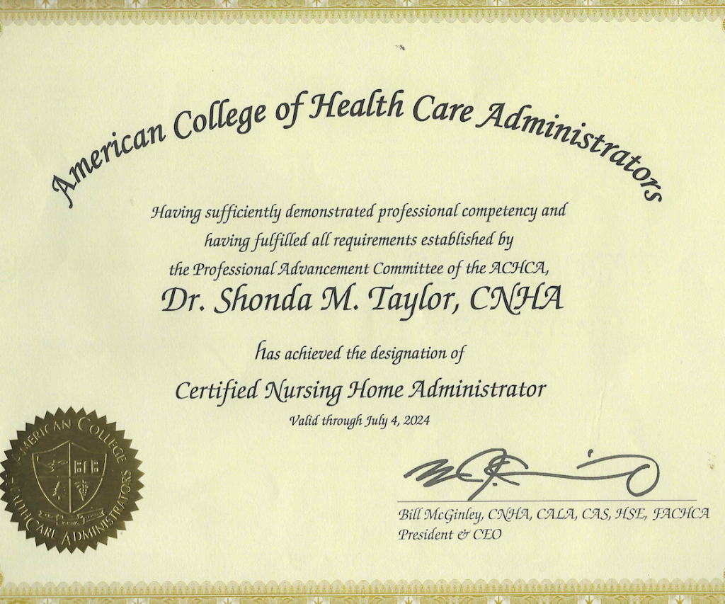 Image of Shonda Taylor's Certified Nursing Home Administrator certificate