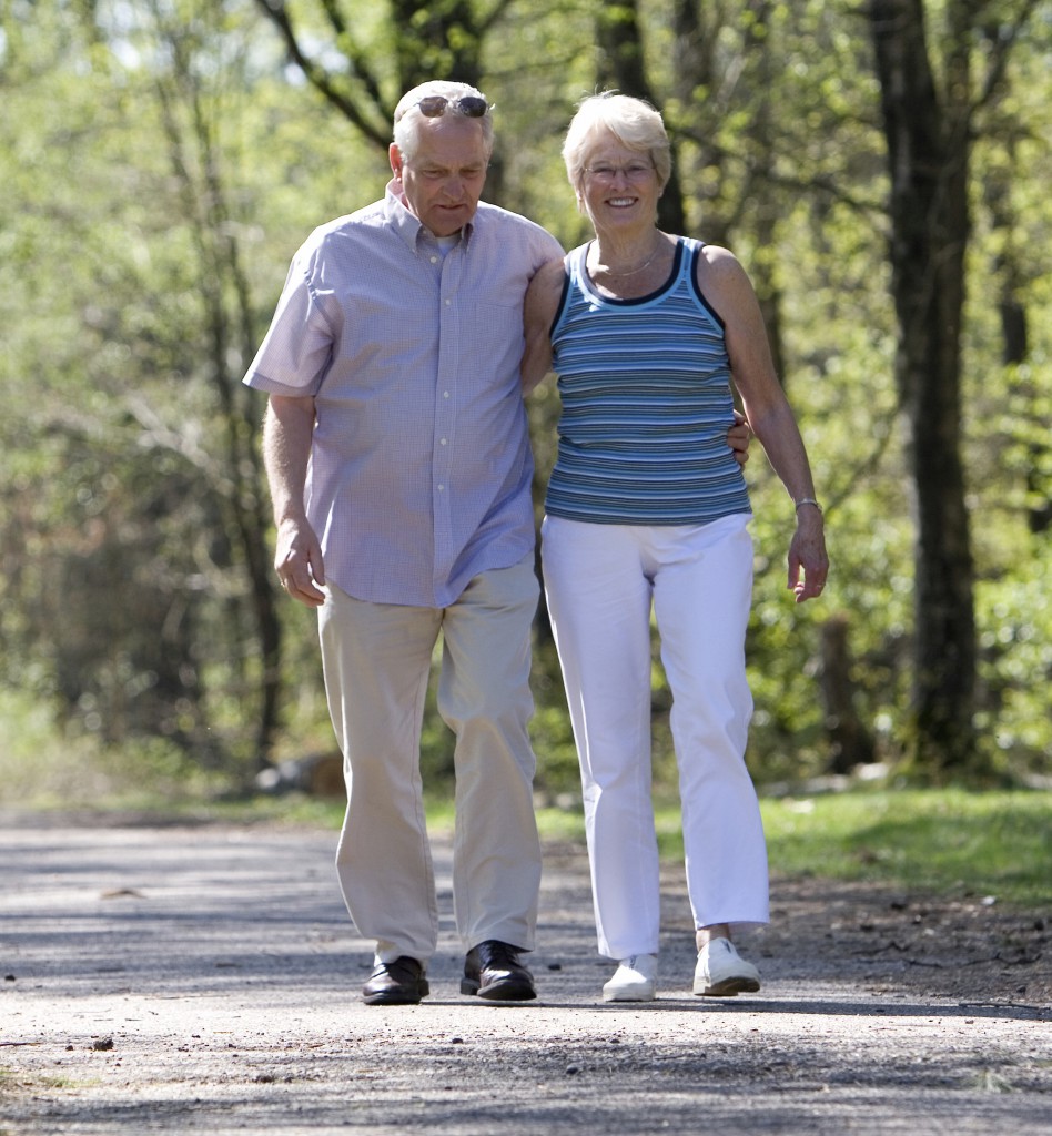 Lovely senior couple strolling through the park arm in arm