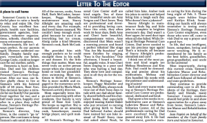 Family thanks Siemon’s Heritage Personal Care Center and at Siemon’s Lakeview Manor Nursing and Rehabilitation Center in Somerset, Pennsylvania.